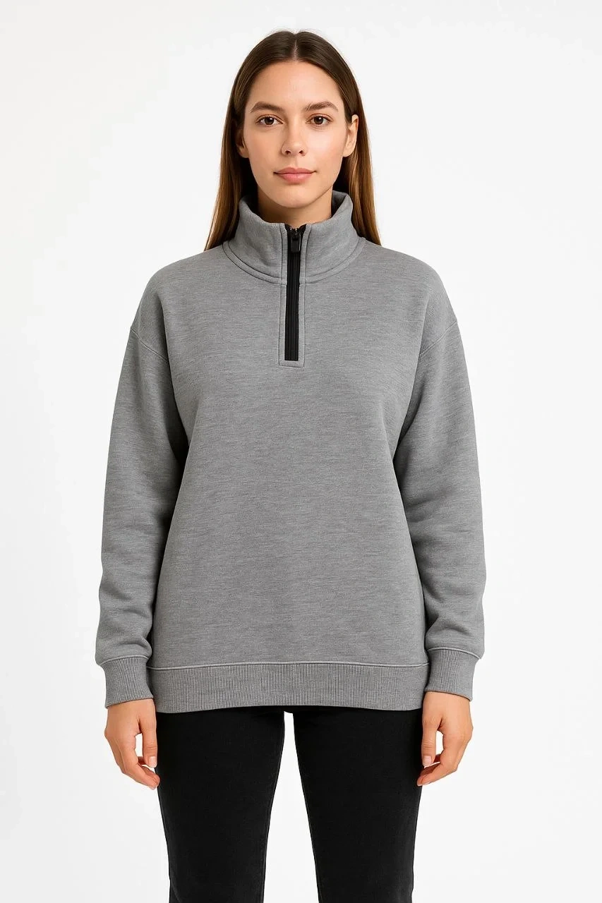 Kadın Üç İplik Dık Yaka Yarım Fermuarlı SweatShirt - Gri