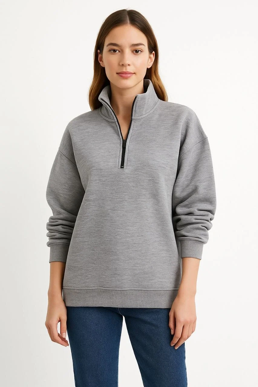 Kadın Üç İplik Dık Yaka Yarım Fermuarlı SweatShirt - Gri