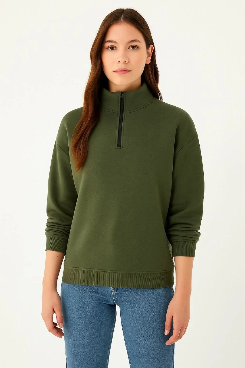 Kadın Üç İplik Dık Yaka Yarım Fermuarlı SweatShirt - Haki