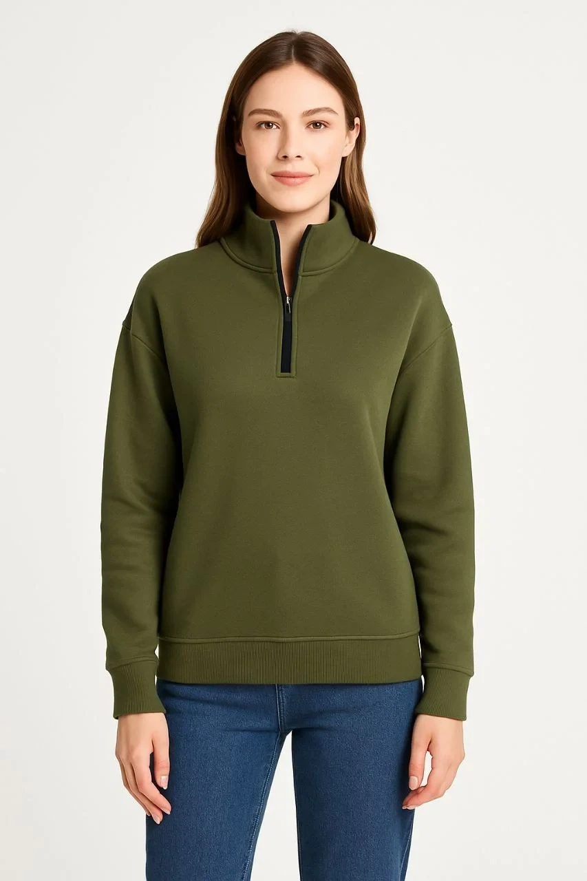 Kadın Üç İplik Dık Yaka Yarım Fermuarlı SweatShirt - Haki