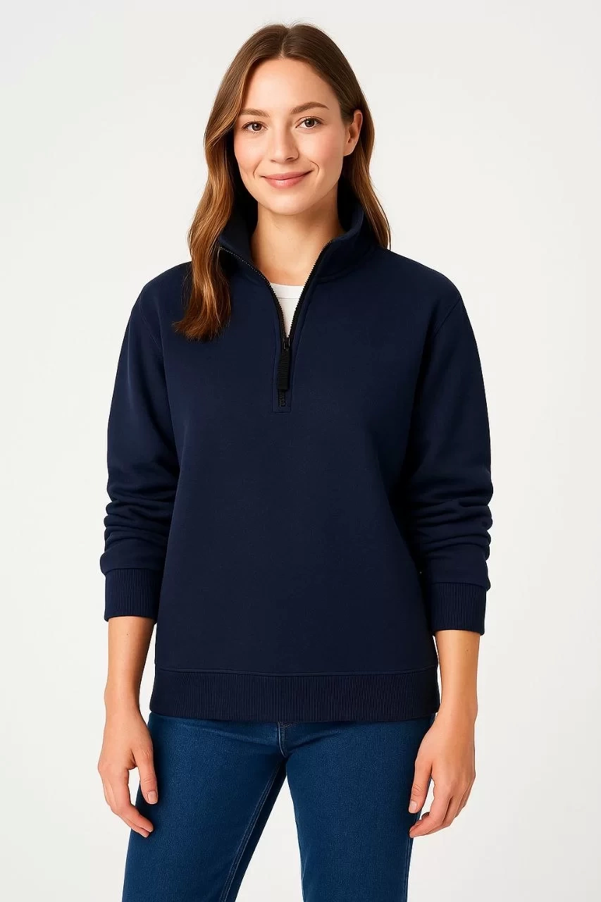 Kadın Üç İplik Dık Yaka Yarım Fermuarlı SweatShirt - Lacivert