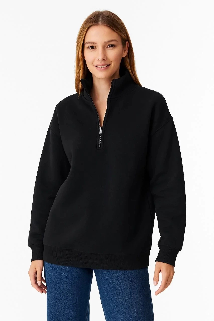 Kadın Üç İplik Dık Yaka Yarım Fermuarlı SweatShirt - Siyah