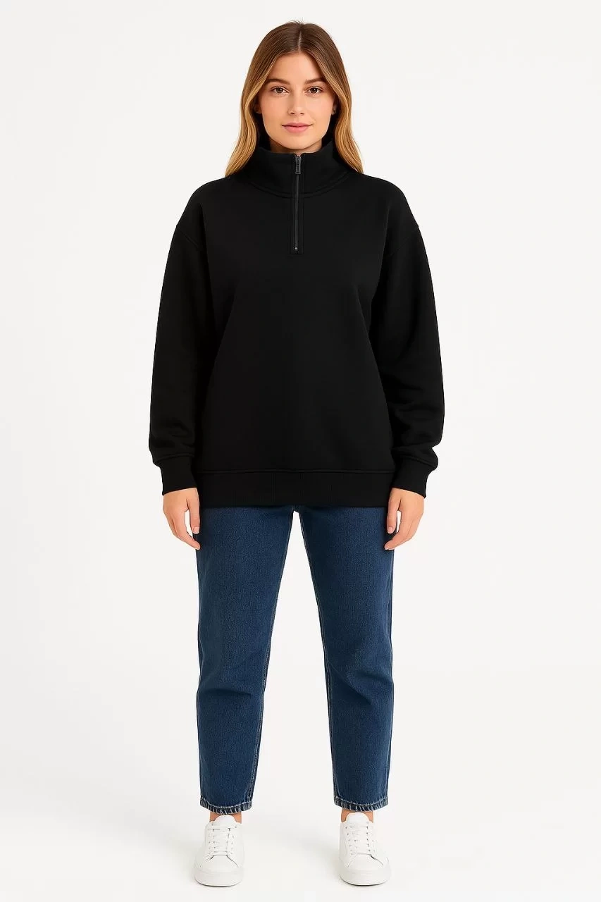 Kadın Üç İplik Dık Yaka Yarım Fermuarlı SweatShirt - Siyah
