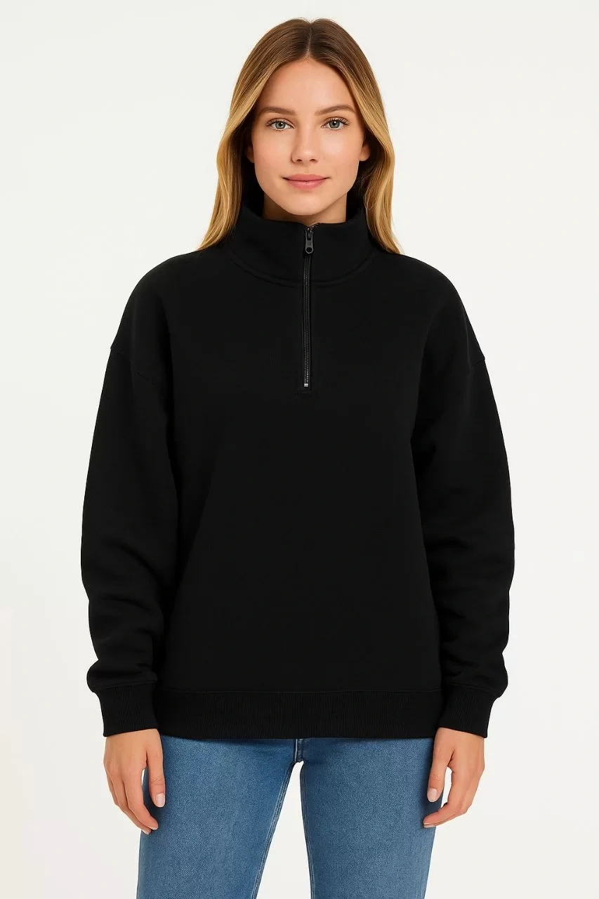 Kadın Üç İplik Dık Yaka Yarım Fermuarlı SweatShirt - Siyah