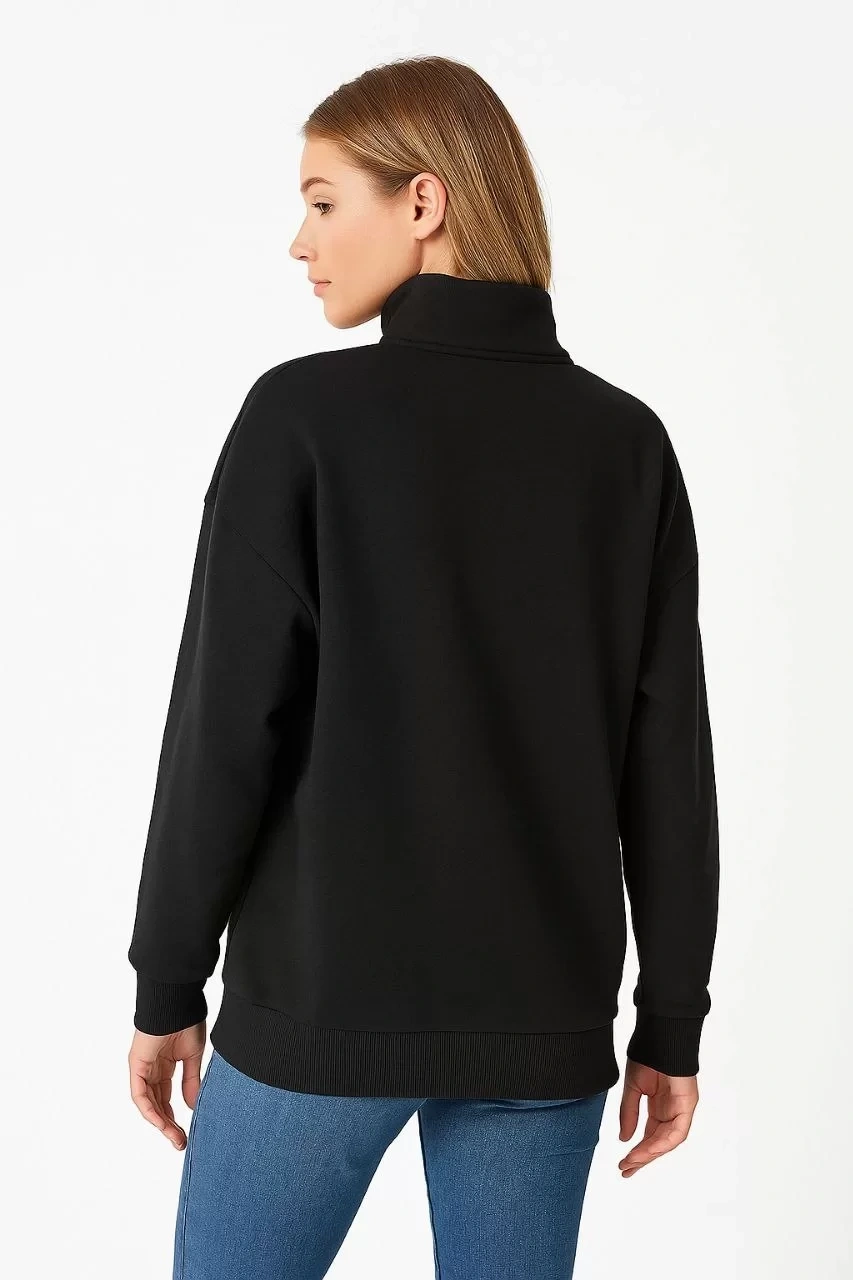 Kadın Üç İplik Dık Yaka Yarım Fermuarlı SweatShirt - Siyah