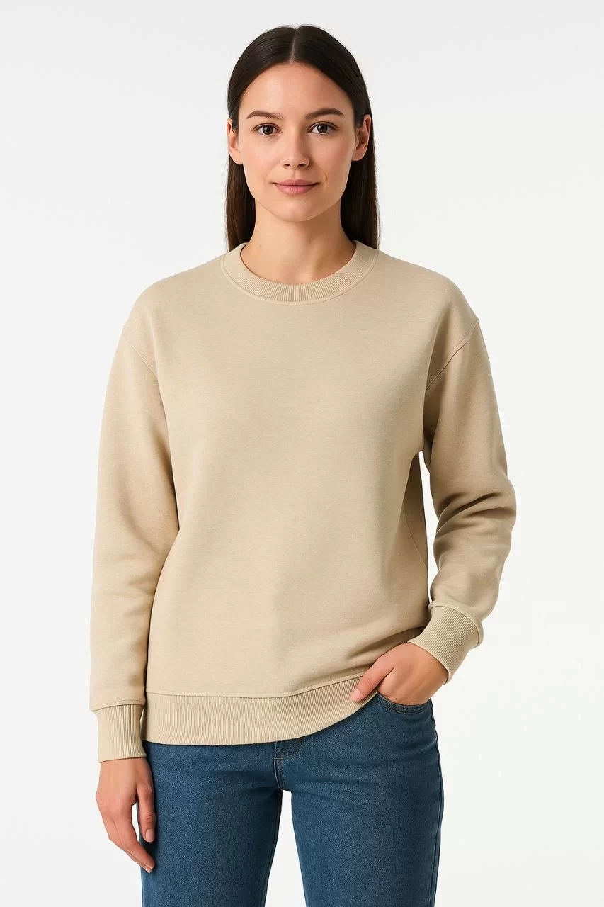 Kadın Üç İplik Düz Bisiklet Yaka SweatShirt - Bej