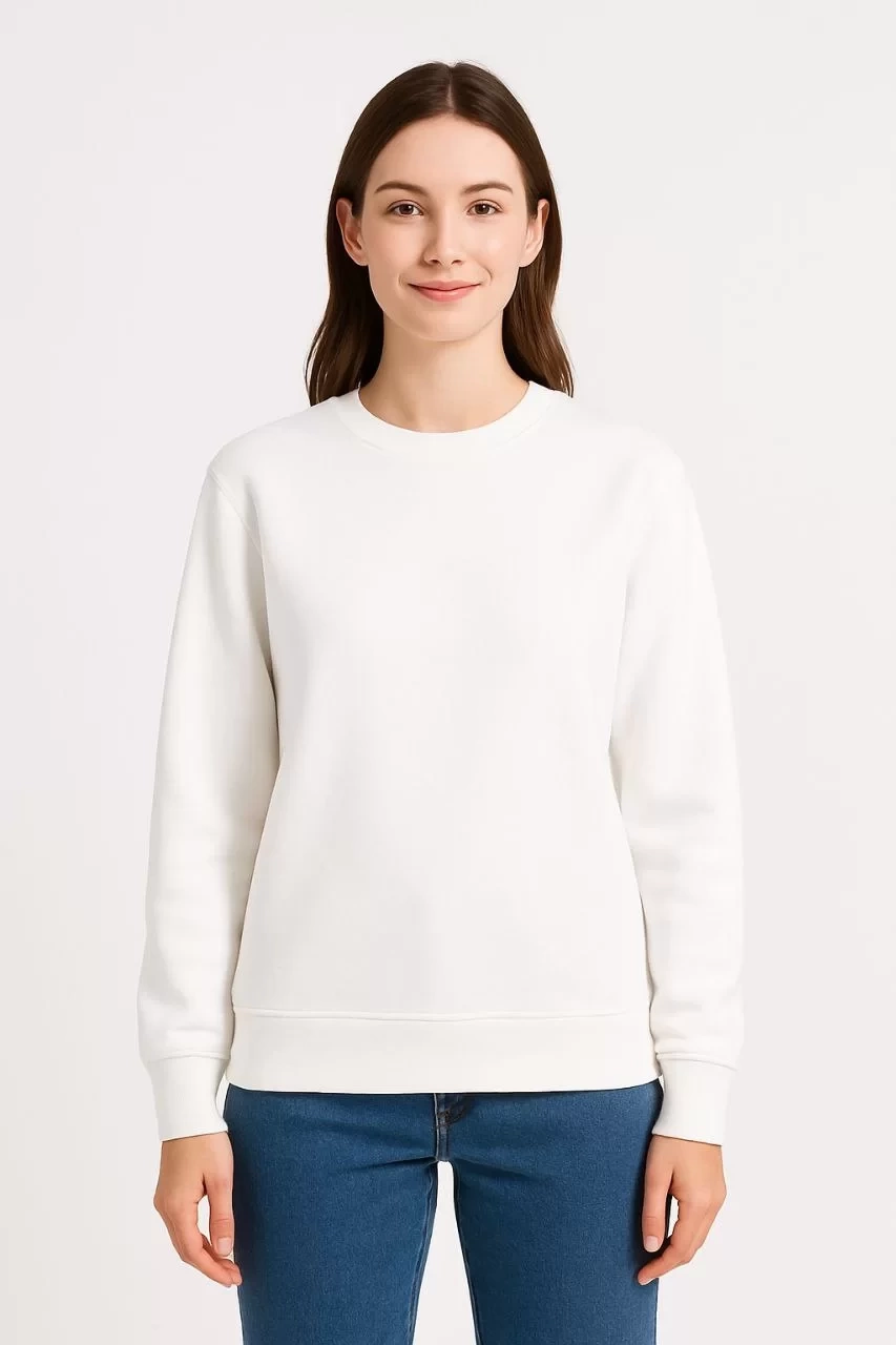 Kadın Üç İplik Düz Bisiklet Yaka SweatShirt - Beyaz