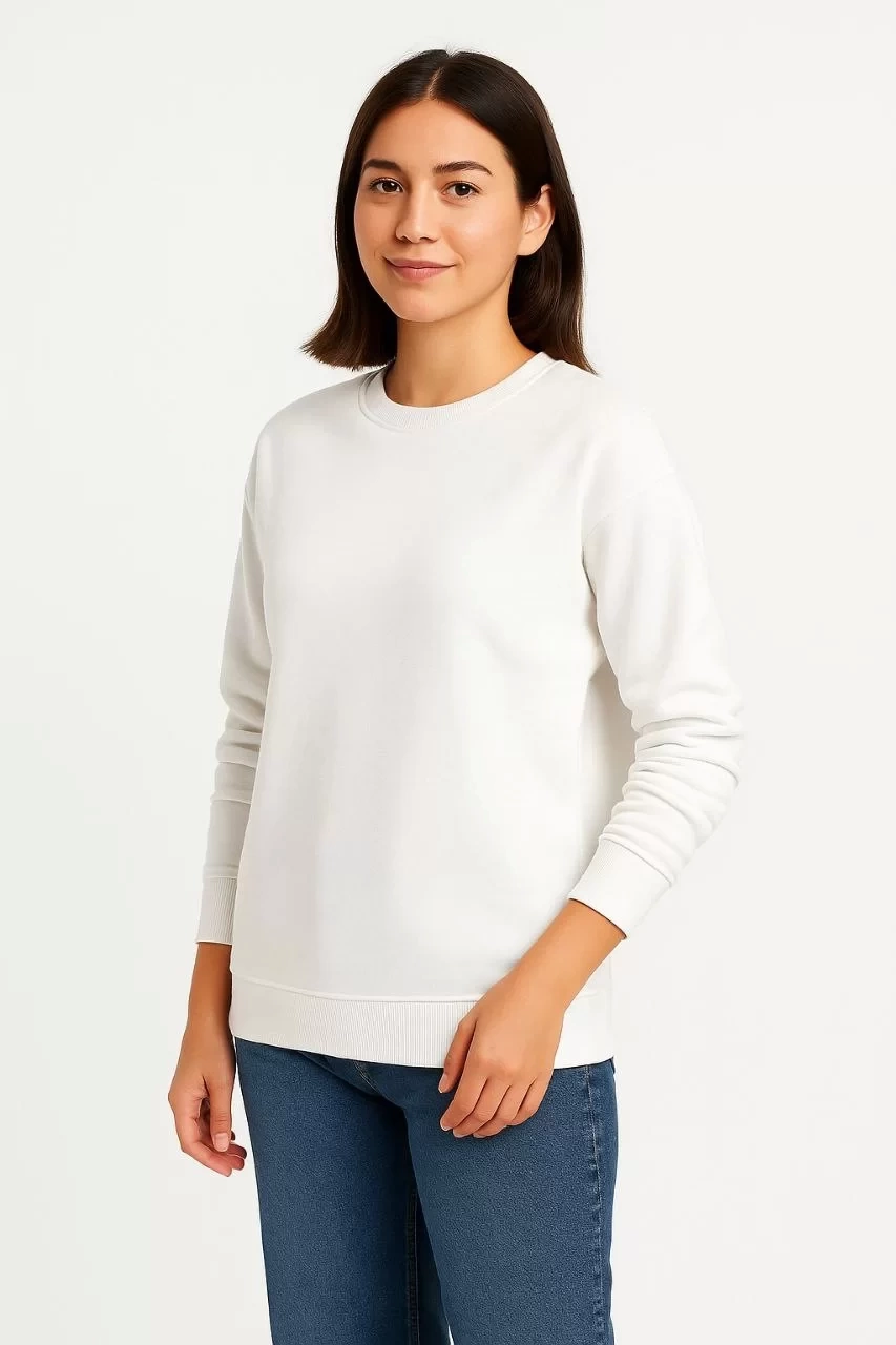 Kadın Üç İplik Düz Bisiklet Yaka SweatShirt - Beyaz