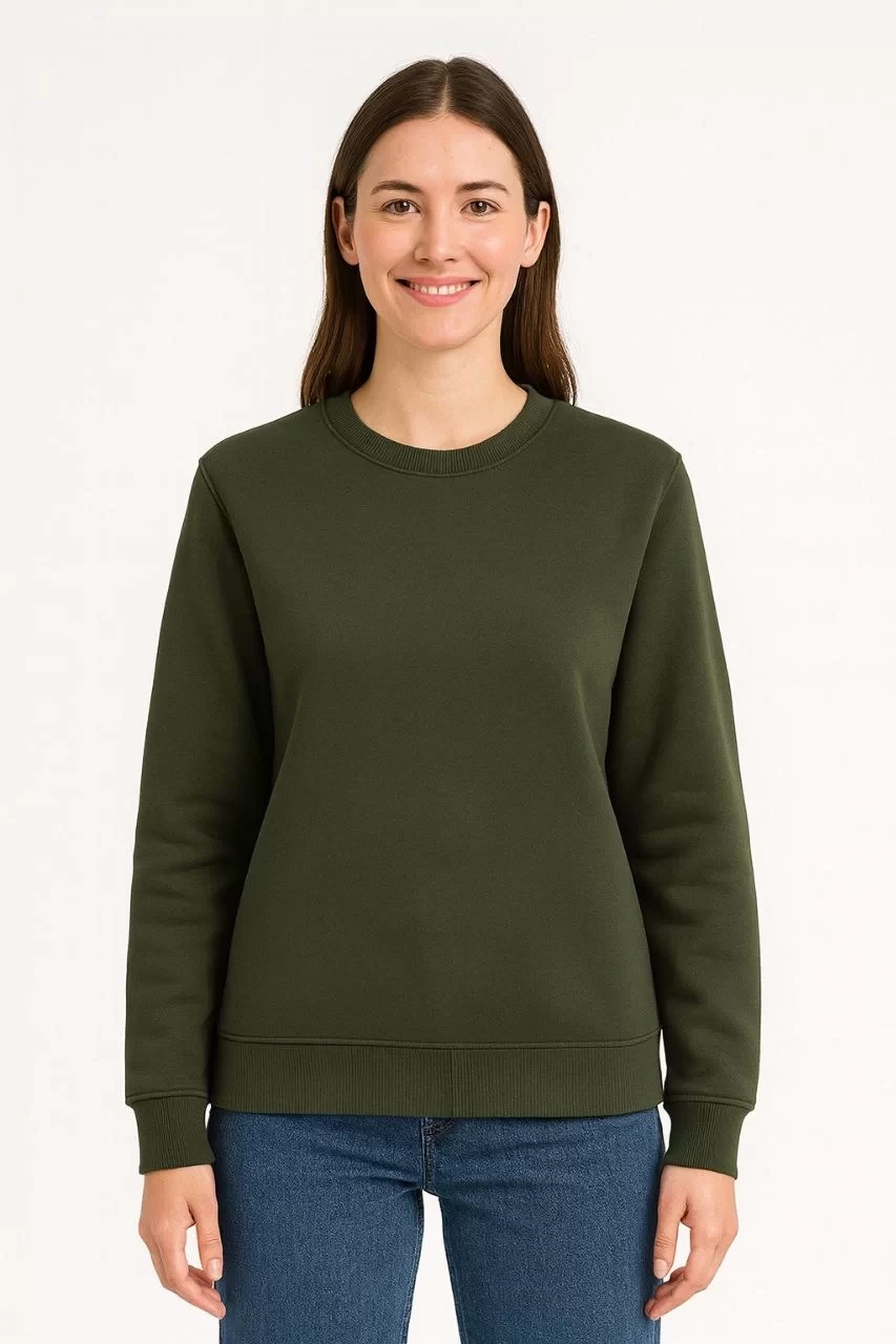Kadın Üç İplik Düz Bisiklet Yaka SweatShirt - Haki