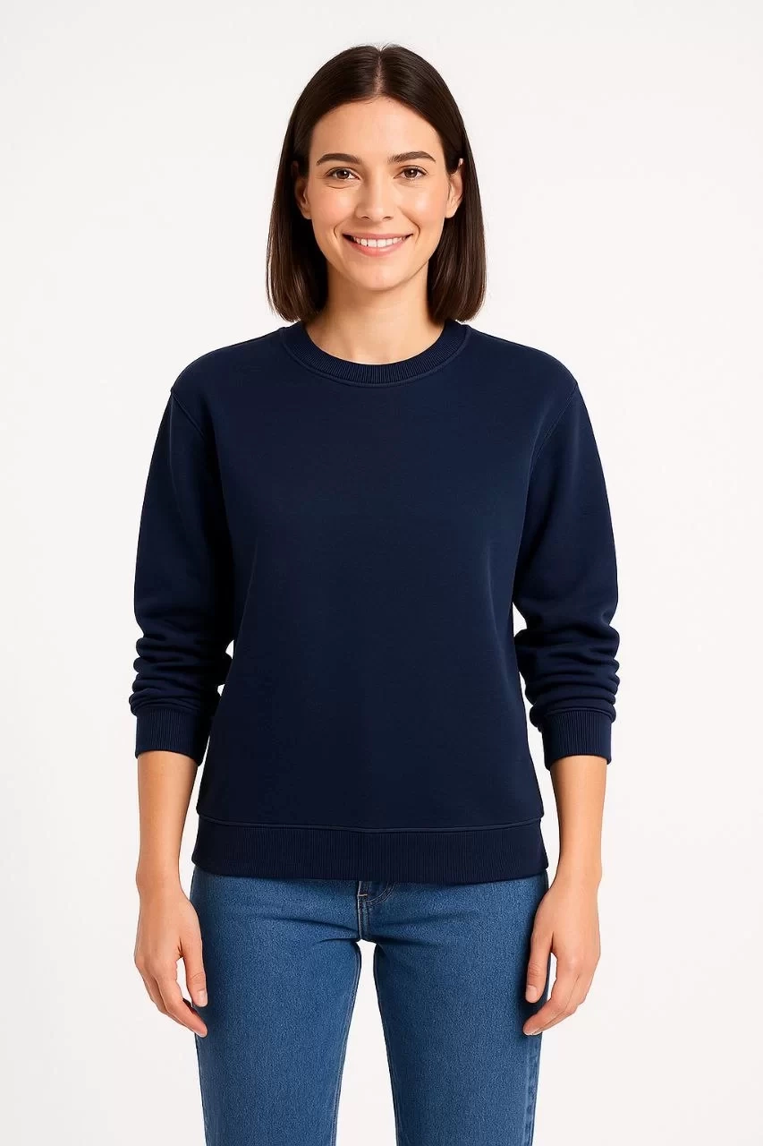 Kadın Üç İplik Düz Bisiklet Yaka SweatShirt - Lacivert