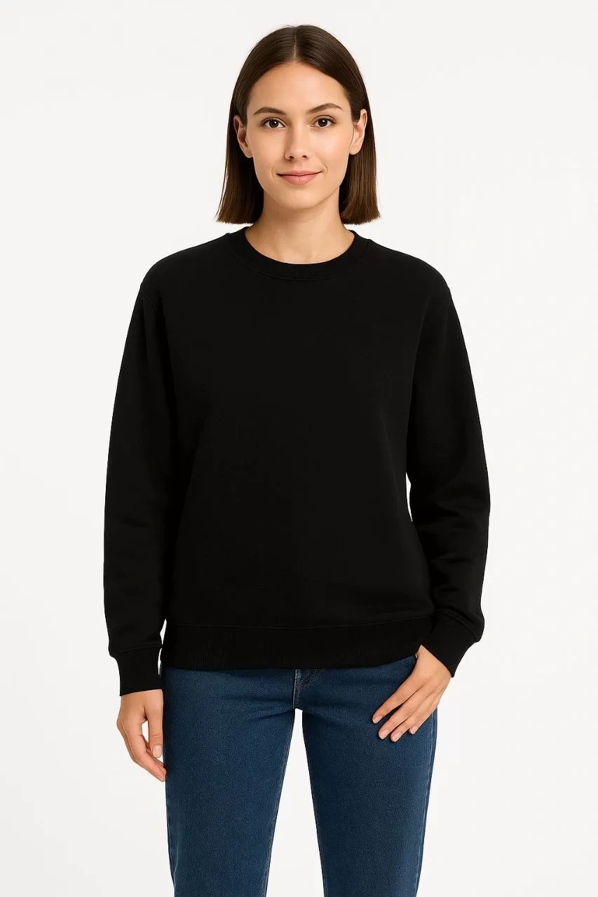 Kadın Üç İplik Düz Bisiklet Yaka SweatShirt - Siyah