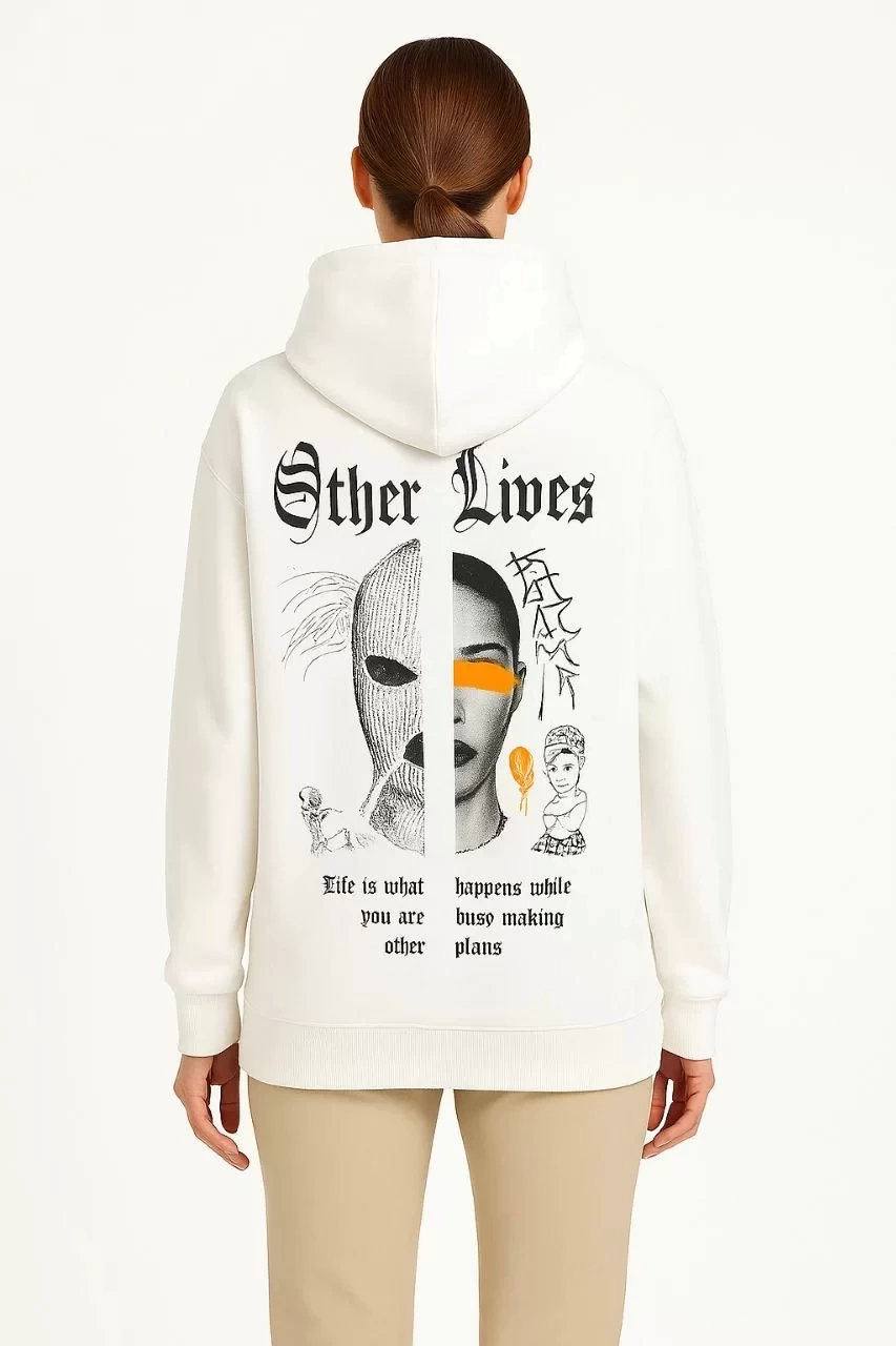 Kadın Üç İplik Kapşonlu ön ve Arka Baskılı SweatShirt hoodie- Beyaz