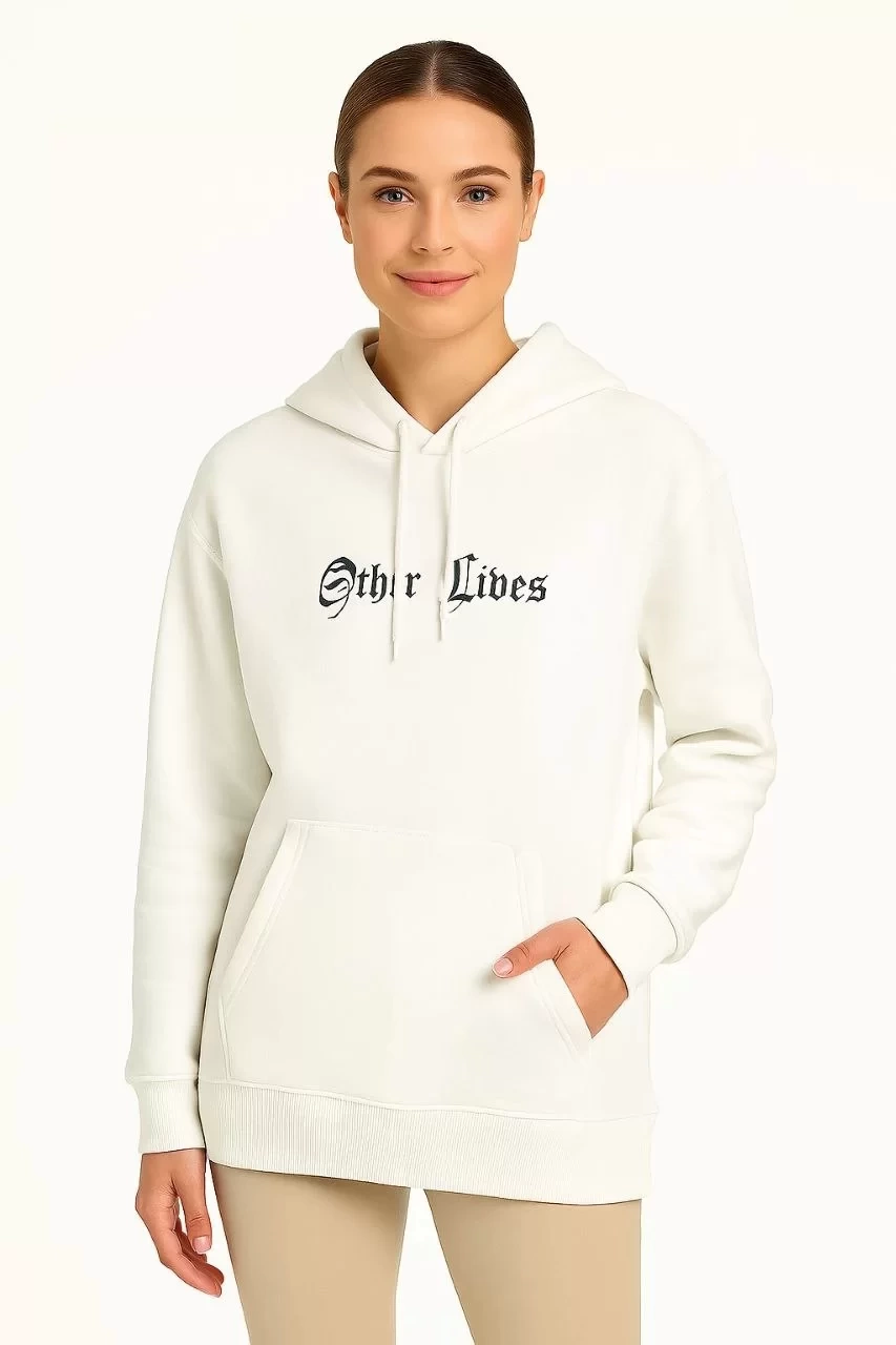Kadın Üç İplik Kapşonlu ön ve Arka Baskılı SweatShirt hoodie- Beyaz