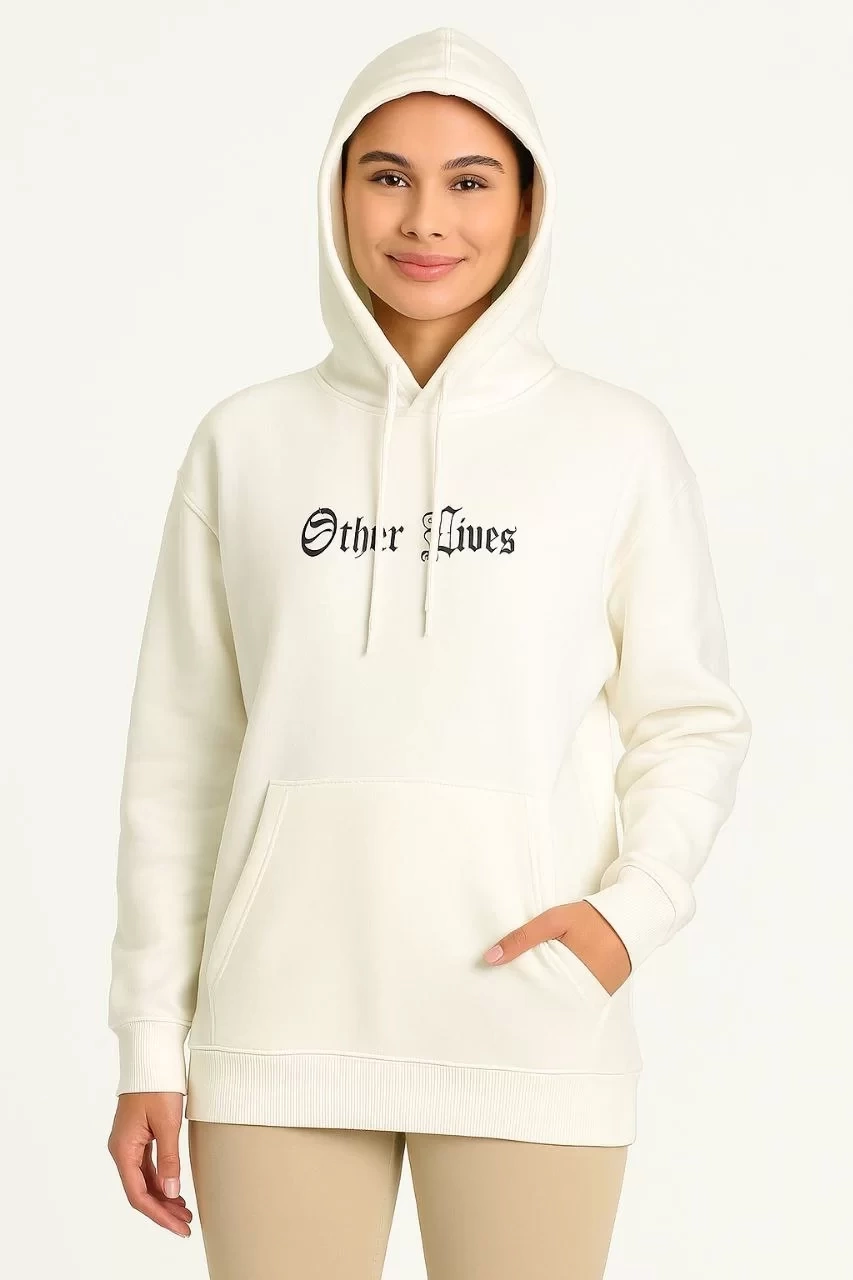 Kadın Üç İplik Kapşonlu ön ve Arka Baskılı SweatShirt hoodie- Beyaz