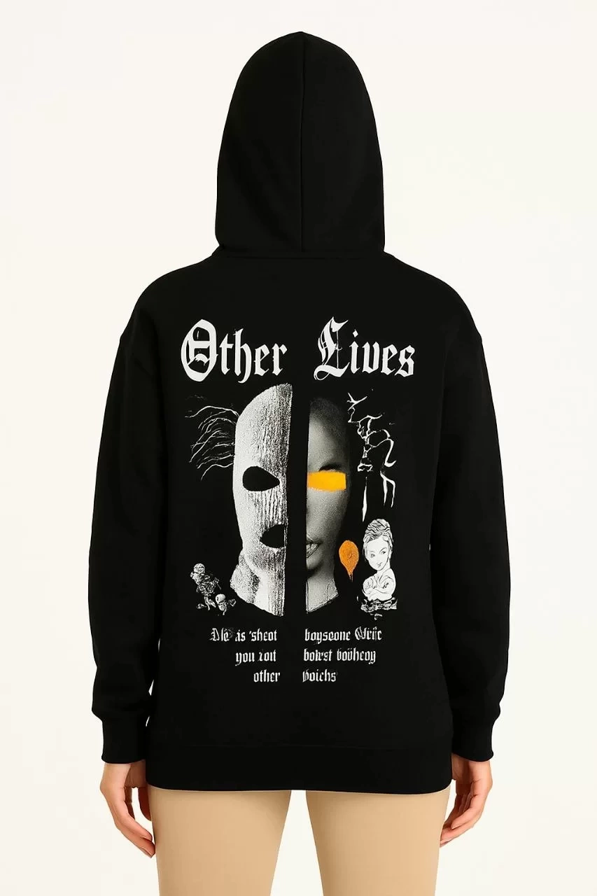Kadın Üç İplik Kapşonlu ön ve Arka Baskılı SweatShirt hoodie- Siyah