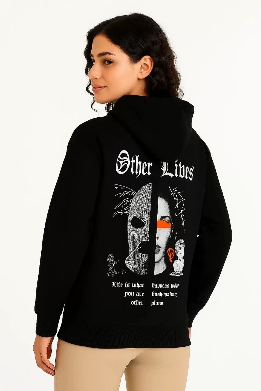 Kadın Üç İplik Kapşonlu ön ve Arka Baskılı SweatShirt hoodie- Siyah