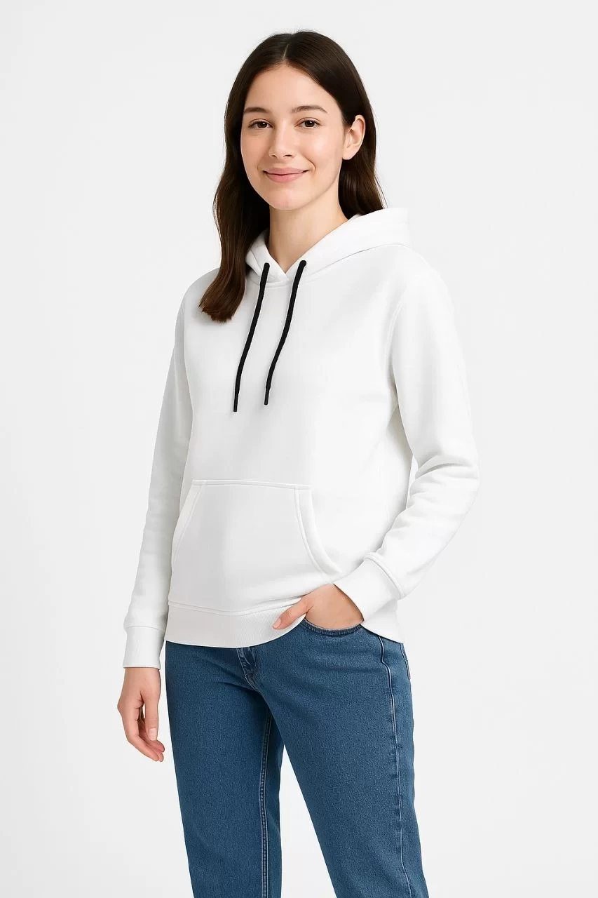 Kadın Üç İplik Kapüşonlu Kanguru Çepli SweatShirt hoodie - Beyaz