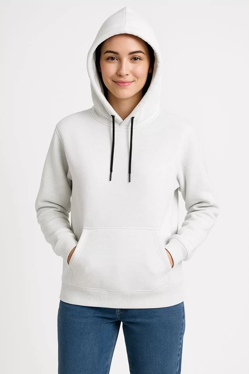 Kadın Üç İplik Kapüşonlu Kanguru Çepli SweatShirt hoodie - Beyaz