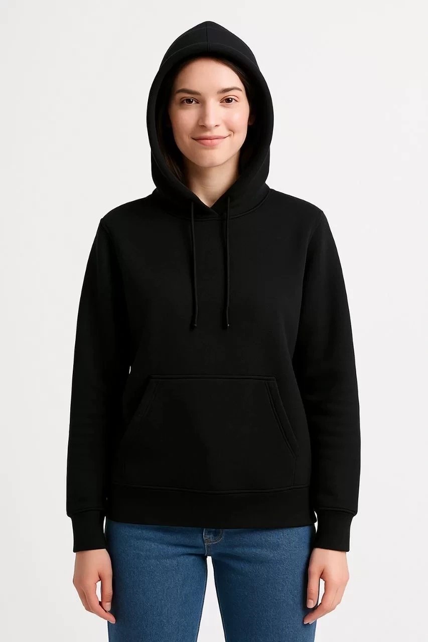 Kadın Üç İplik Kapüşonlu Kanguru Çepli SweatShirt hoodie - Siyah