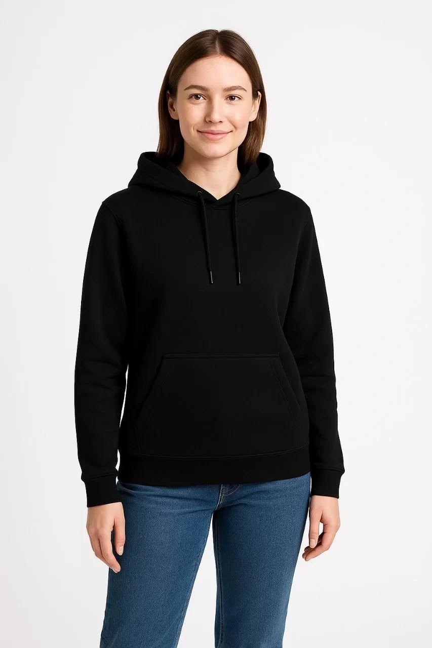 Kadın Üç İplik Kapüşonlu Kanguru Çepli SweatShirt hoodie - Siyah