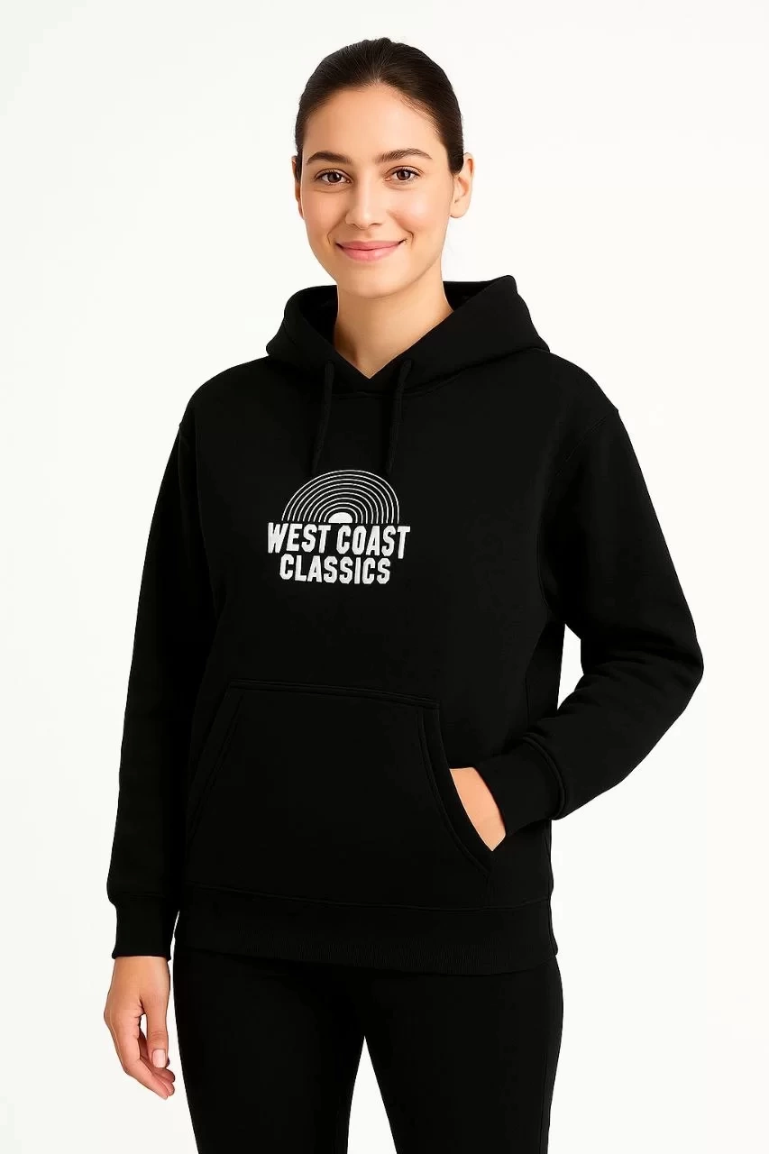 Kadın Üç İplik Kapüşonlu Ön ve Arka Baskılı SweatShirt hoodie - Siyah