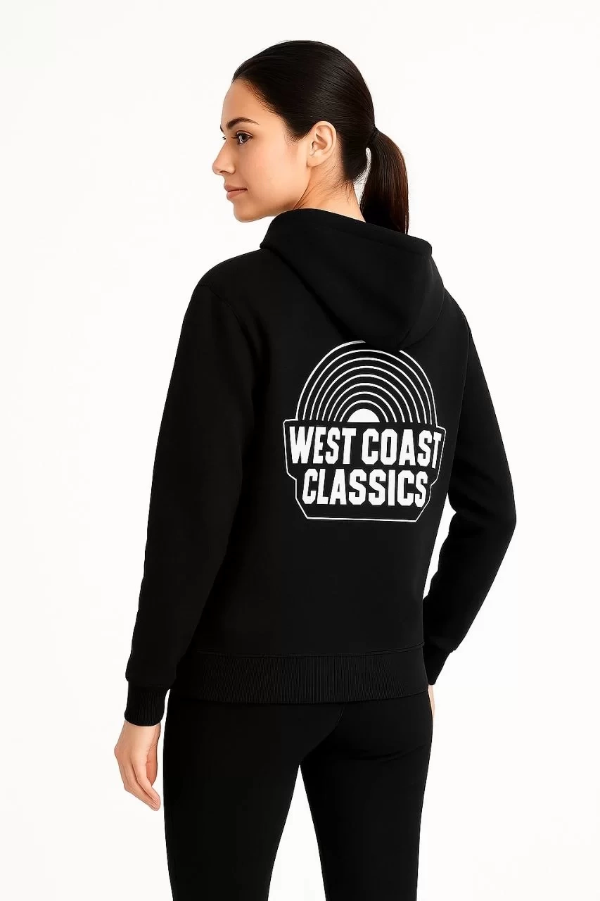 Kadın Üç İplik Kapüşonlu Ön ve Arka Baskılı SweatShirt hoodie - Siyah