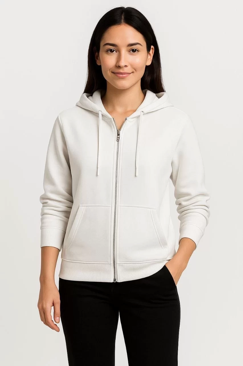 Kadın Üç İplik Kapüşonlu Tam Fermuarlı Kanguru Çepli SweatShirt Hoodie - Beyaz