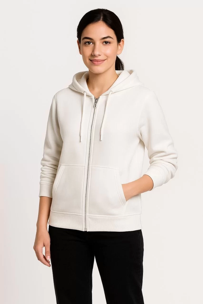 Kadın Üç İplik Kapüşonlu Tam Fermuarlı Kanguru Çepli SweatShirt Hoodie - Beyaz