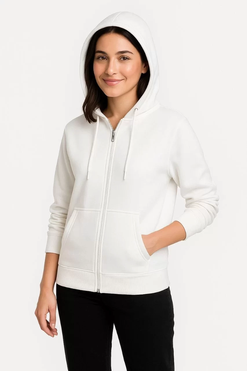 Kadın Üç İplik Kapüşonlu Tam Fermuarlı Kanguru Çepli SweatShirt Hoodie - Beyaz