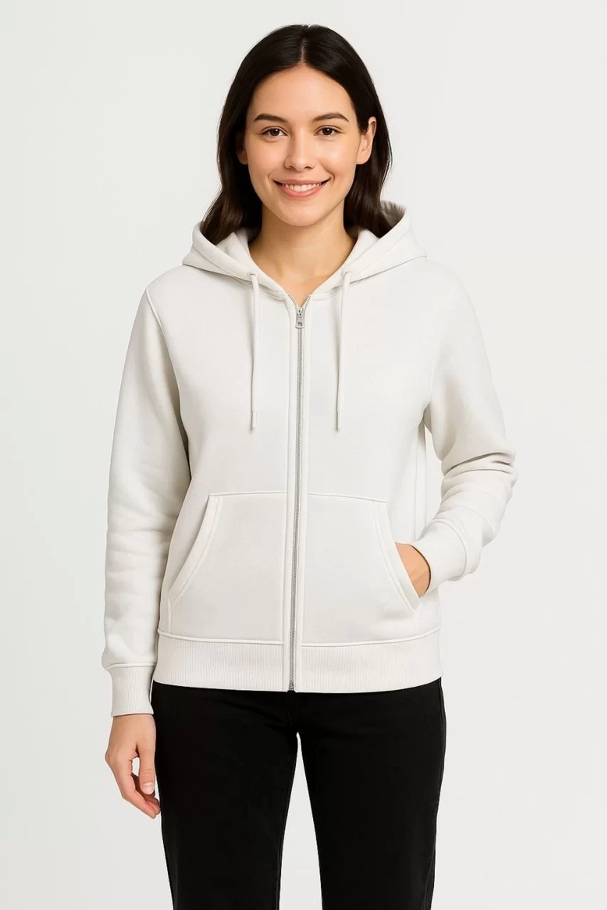 Kadın Üç İplik Kapüşonlu Tam Fermuarlı Kanguru Çepli SweatShirt Hoodie - Beyaz