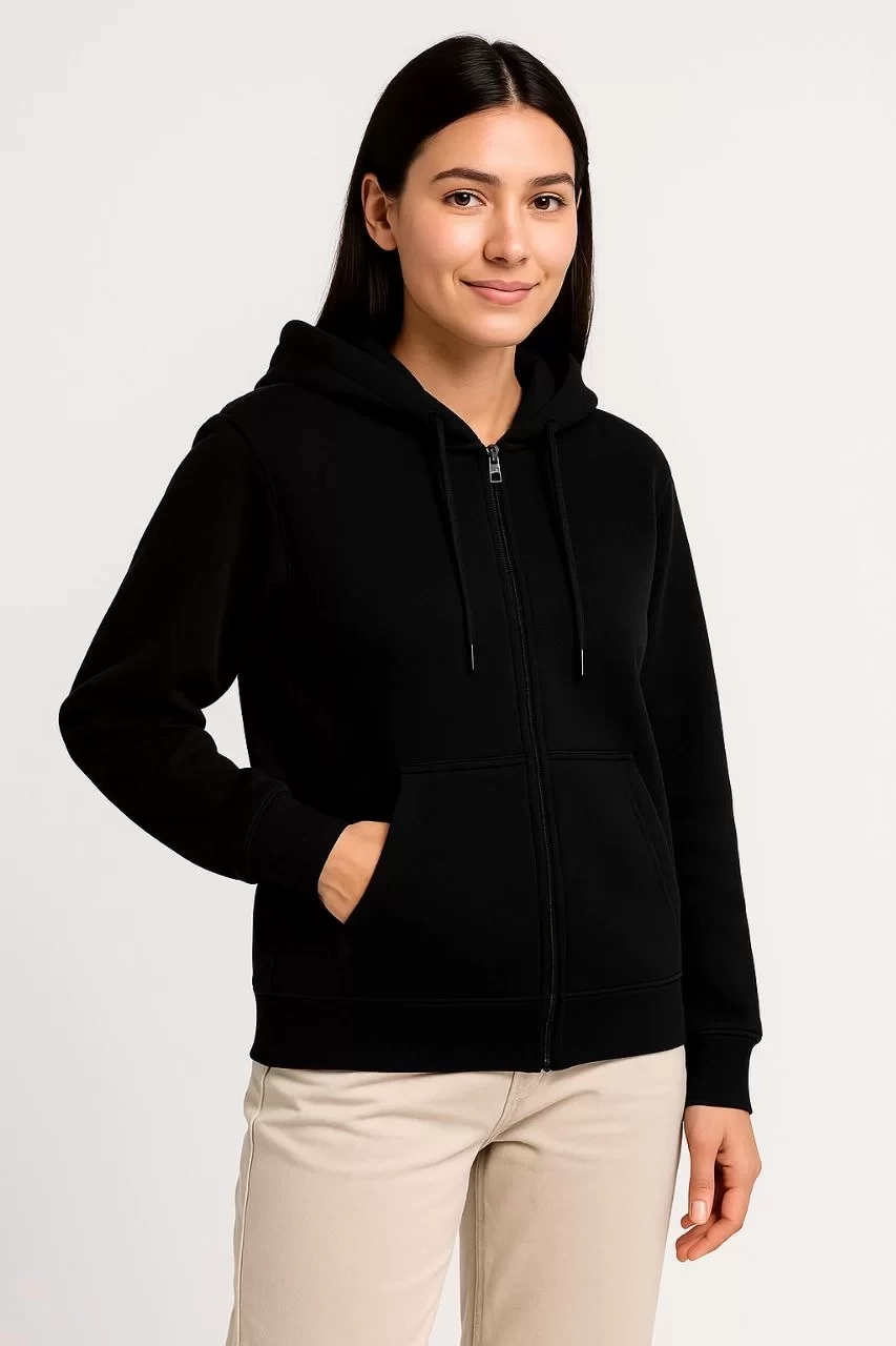 Kadın Üç İplik Kapüşonlu Tam Fermuarlı Kanguru Çepli SweatShirt Hoodie - Siyah