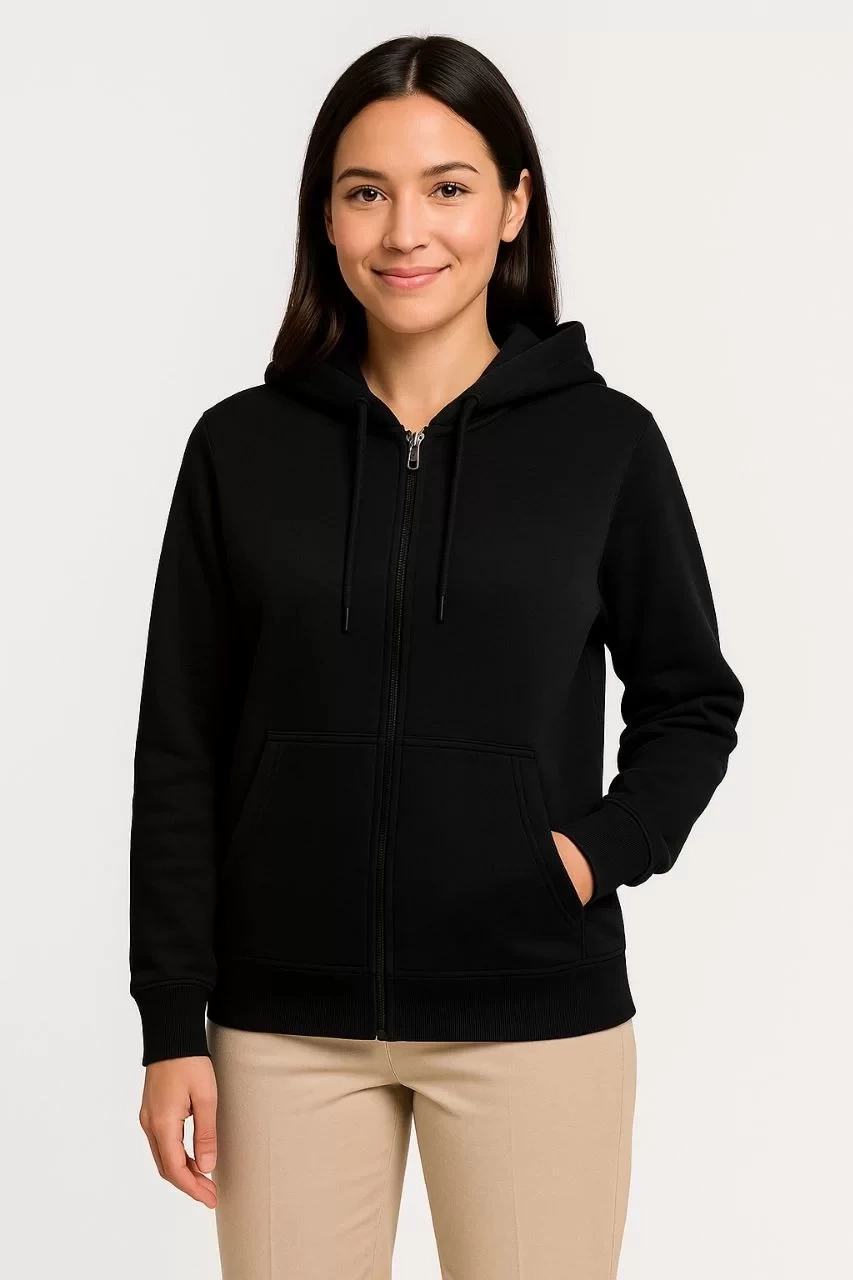 Kadın Üç İplik Kapüşonlu Tam Fermuarlı Kanguru Çepli SweatShirt Hoodie - Siyah