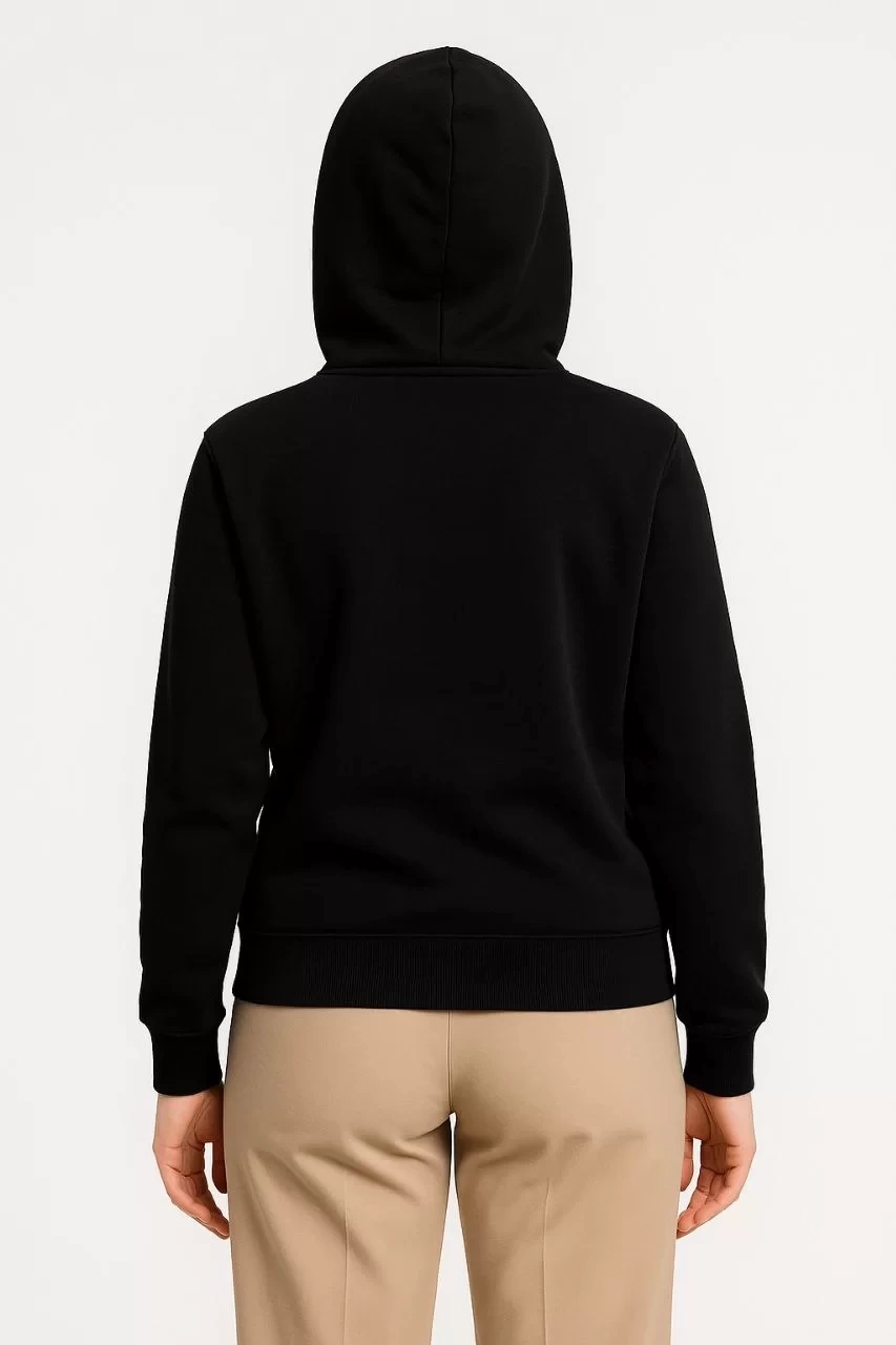 Kadın Üç İplik Kapüşonlu Tam Fermuarlı Kanguru Çepli SweatShirt Hoodie - Siyah