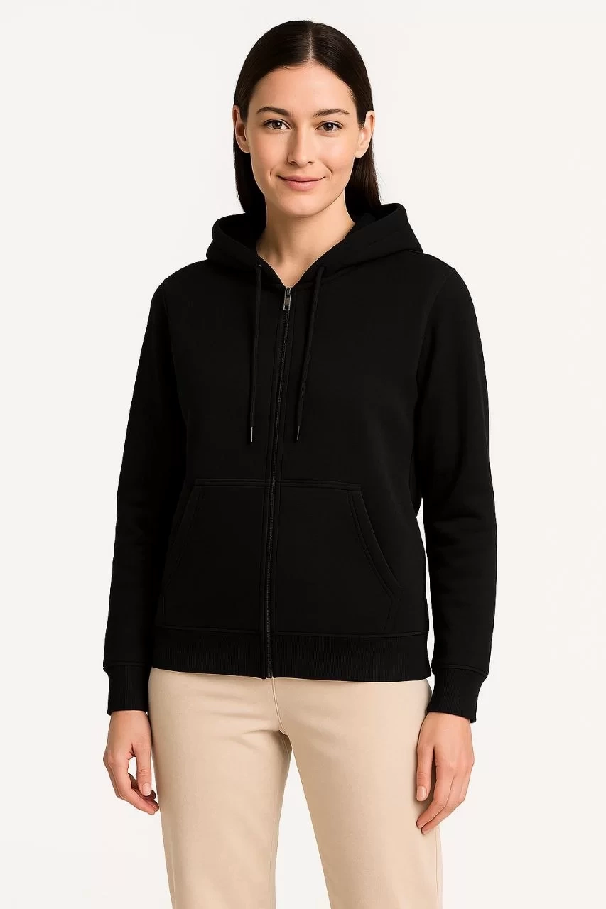 Kadın Üç İplik Kapüşonlu Tam Fermuarlı Kanguru Çepli SweatShirt Hoodie - Siyah