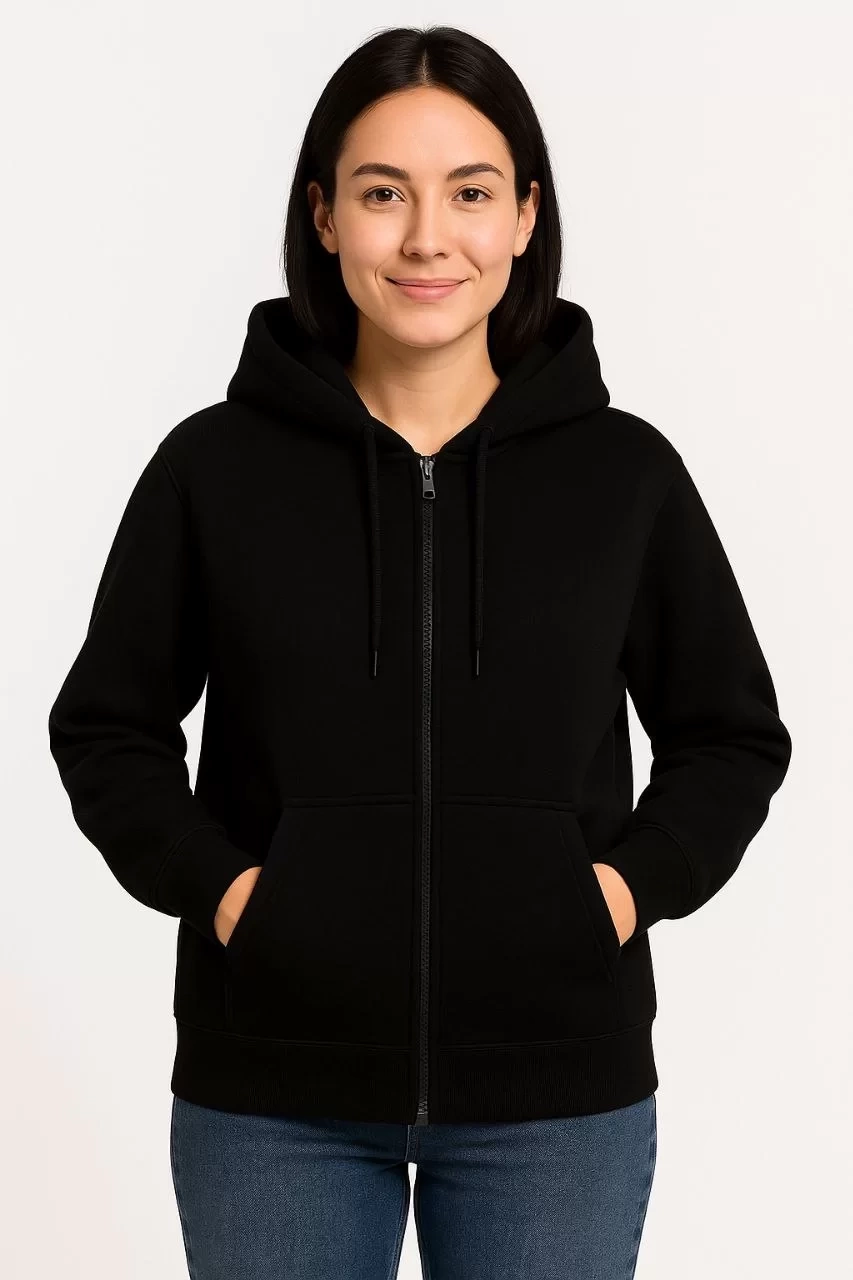 Kadın Üç İplik Kapüşonlu Tam Fermuarlı Kanguru Çepli SweatShirt Hoodie - Siyah