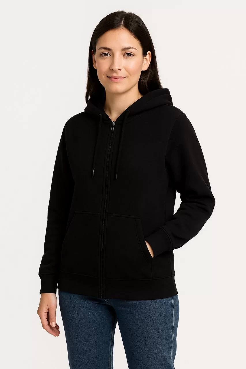 Kadın Üç İplik Kapüşonlu Tam Fermuarlı Kanguru Çepli SweatShirt Hoodie - Siyah