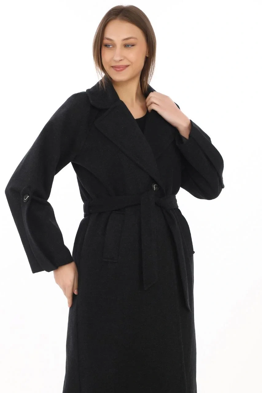 Kadın Uzun Kaşe Kaban – Yünlü Dokuma Kaşmir Kumaş, Kruvaze Yaka, Kuşaklı Astarlı Tesettür Uyumlu Şık Kışlık Siyah Model - Siyah