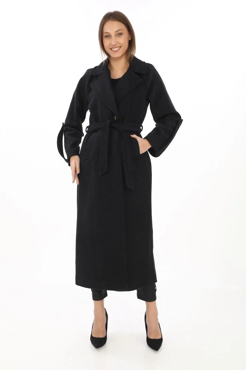 Kadın Uzun Kaşe Kaban – Yünlü Dokuma Kaşmir Kumaş, Kruvaze Yaka, Kuşaklı Astarlı Tesettür Uyumlu Şık Kışlık Siyah Model - Siyah