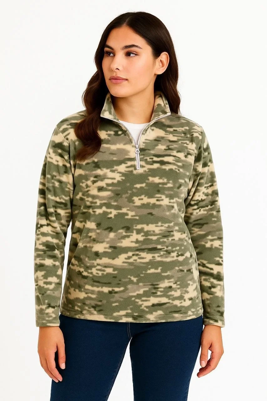 Kadın Yarım Fermuarlı Desenli Polar Sweat – Haki Kamuflaj Yakalı, Uzun Kollu, Oversize Rahat Kalıp - Haki