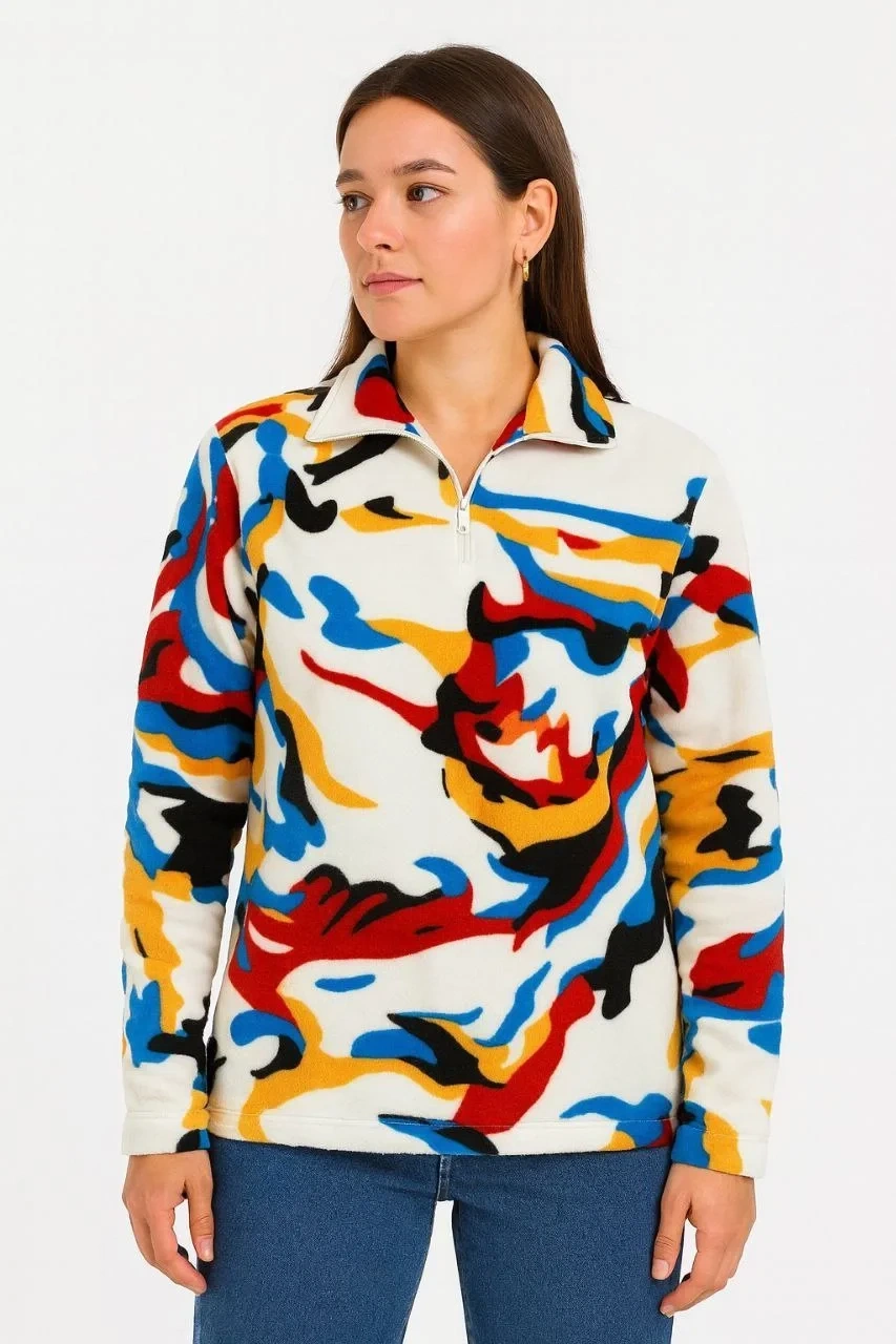 Kadın Yarım Fermuarlı Desenli Polar Sweat – Renkli Abstract Desen Yakalı, Uzun Kollu, Oversize Rahat Kalıp - Beyaz