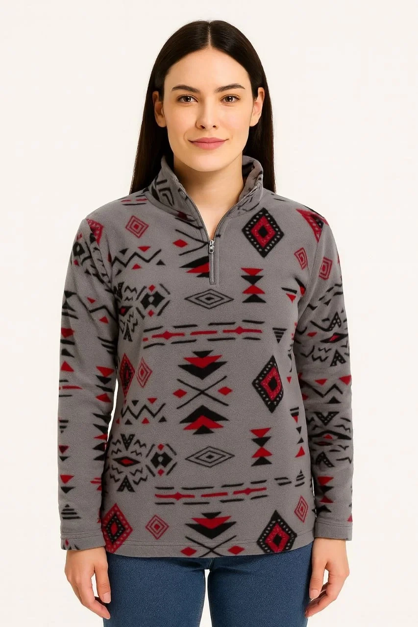 Kadın Yarım Fermuarlı Desenli Polar Sweat Tribal Etnik Desen Yakalı, Uzun Kollu, Oversize Rahat Kalıp - Füme