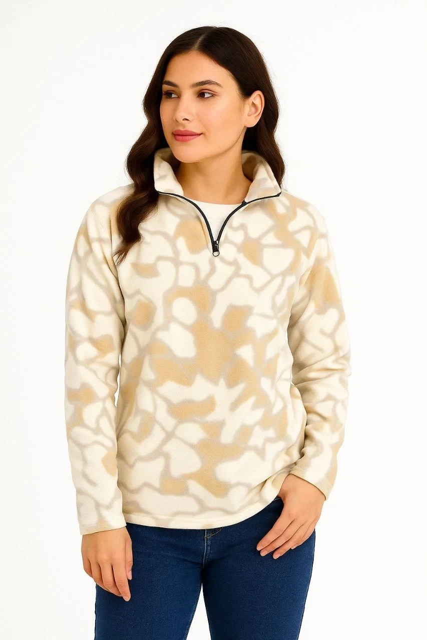 KADIN Yarım Fermuarlı Desenli Polar Sweat Yakalı, Uzun Kollu, Oversize Rahat Kalıp - Bej