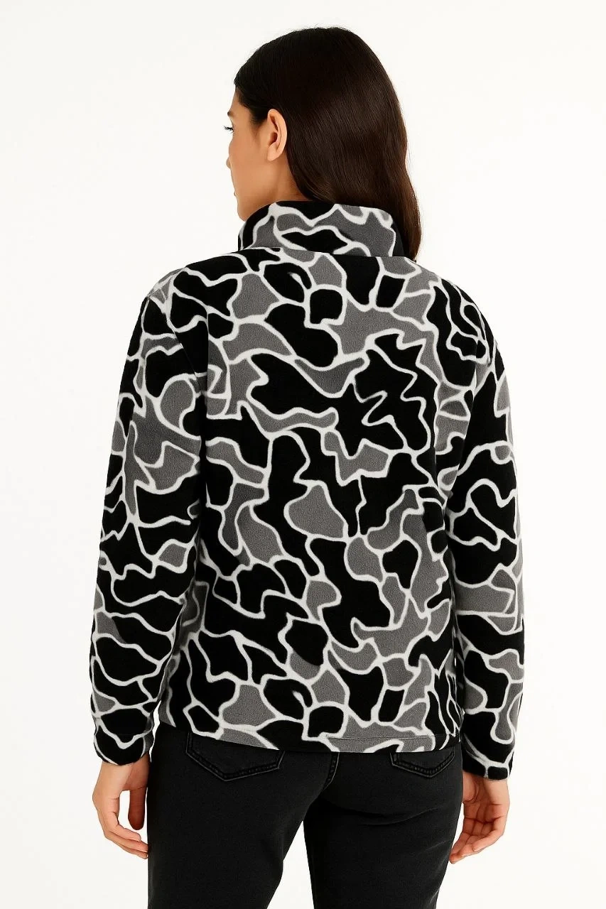 KADIN Yarım Fermuarlı Desenli Polar Sweat Yakalı, Uzun Kollu, Oversize Rahat Kalıp - Siyah