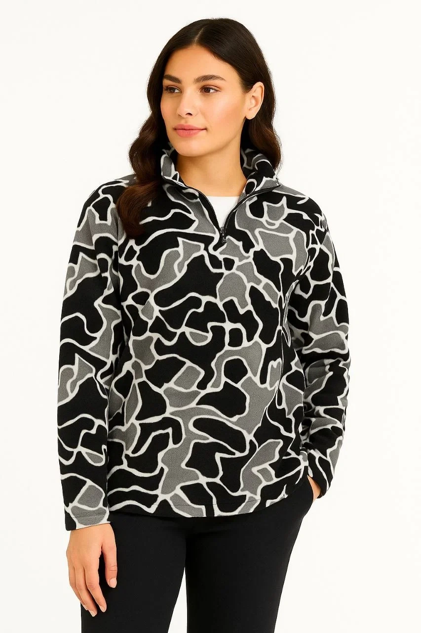 KADIN Yarım Fermuarlı Desenli Polar Sweat Yakalı, Uzun Kollu, Oversize Rahat Kalıp - Siyah