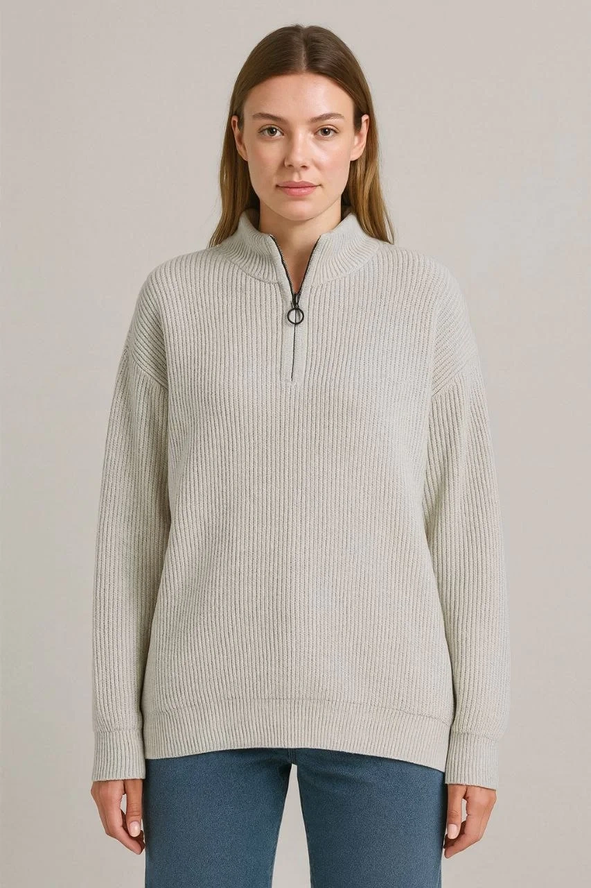 KADIN Yarım Fermuarlı Triko Kazak – Selanik Örgü, Dik Yaka, Pamuklu Dokuma, Oversize Uzun Kollu Kışlık Model - Bej