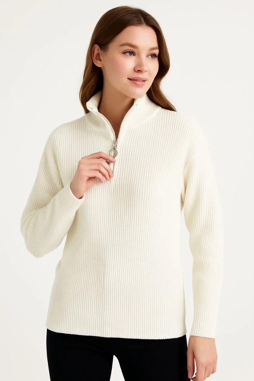 KADIN Yarım Fermuarlı Triko Kazak – Selanik Örgü, Dik Yaka, Pamuklu Dokuma, Oversize Uzun Kollu Kışlık Model - Beyaz
