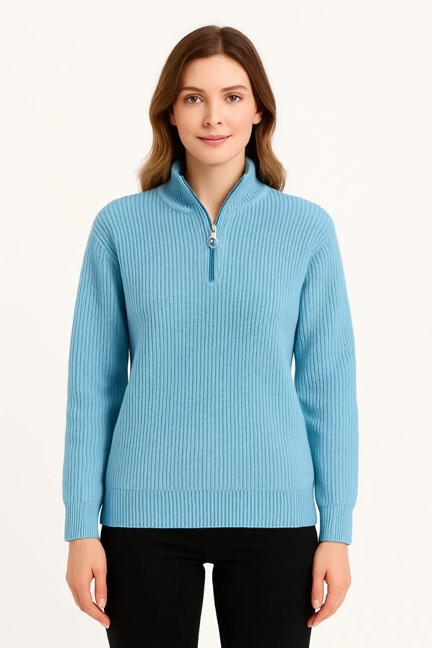 Erkek Yarım Fermuarlı Triko Kazak – Selanik Örgü, Dik Yaka, Pamuklu Dokuma, Regular Fit Uzun Kollu Kışlık Model -  Mint Yeşili