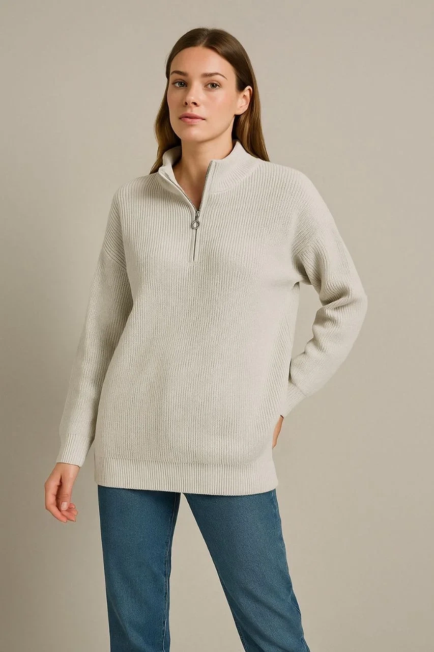 KADIN Yarım Fermuarlı Triko Kazak – Selanik Örgü, Dik Yaka, Pamuklu Dokuma, Oversize Uzun Kollu Kışlık Model - Bej