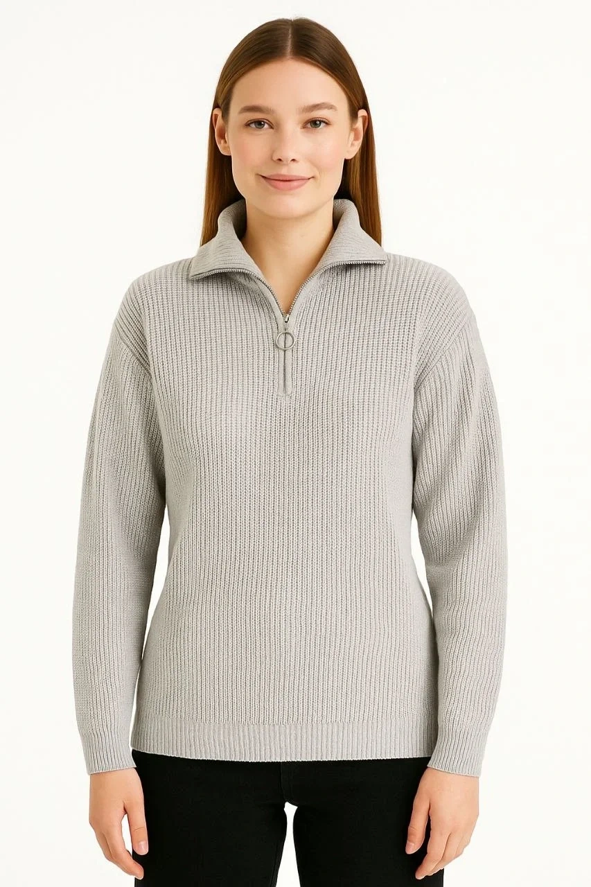 KADIN Yarım Fermuarlı Triko Kazak – Selanik Örgü, Dik Yaka, Pamuklu Dokuma, Regular Fit Uzun Kollu Kışlık Model - Gri