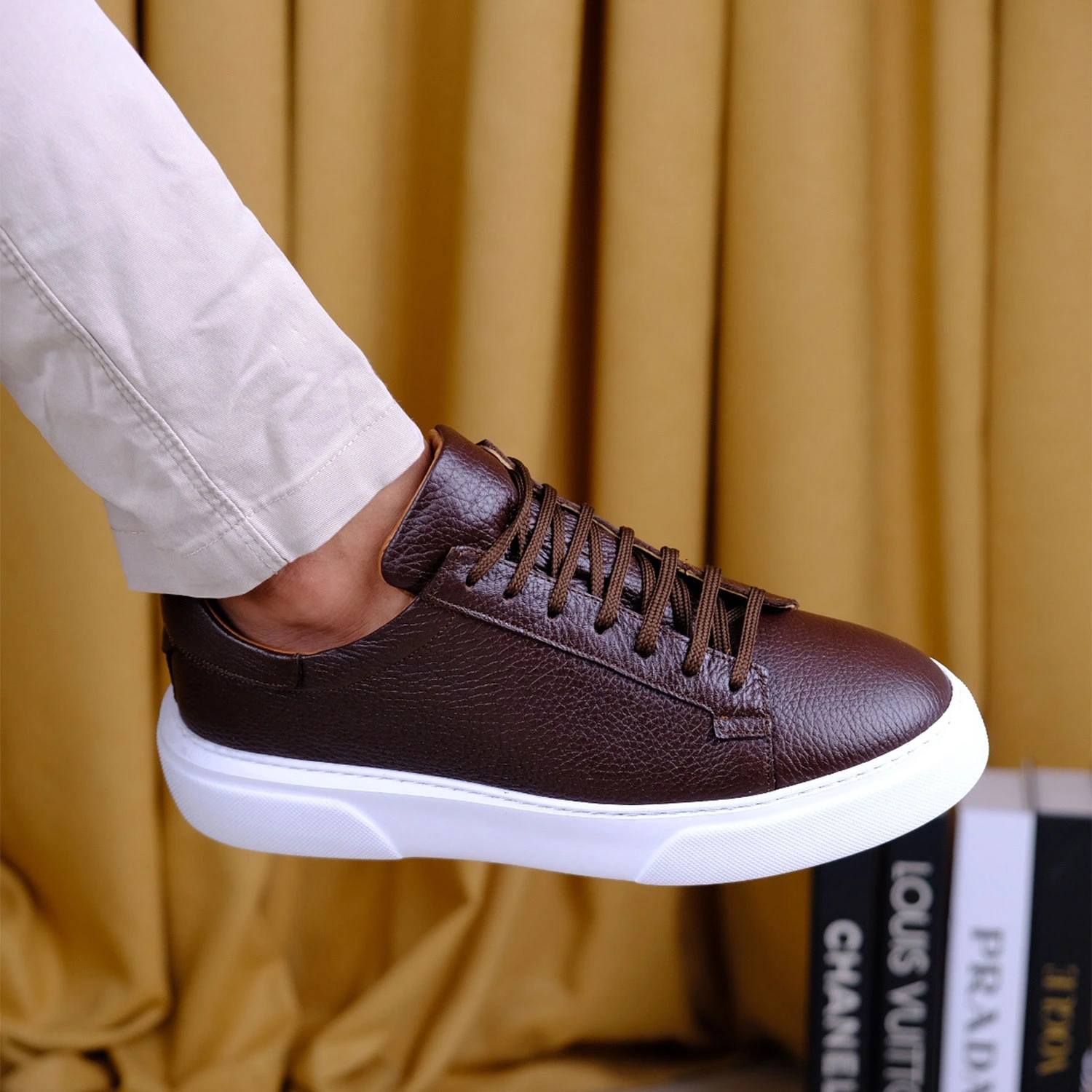 Kişiselleştirilebilir Kalın Ortopedik Tabanlı %100 Deri Sneaker Spor Ayakkabı - Kahverengi